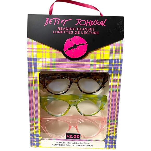 Betsey Johnson +2.00 Reading Glasses Readers 3 Pack Set Pink Green Multicolor - Picture 1 of 9